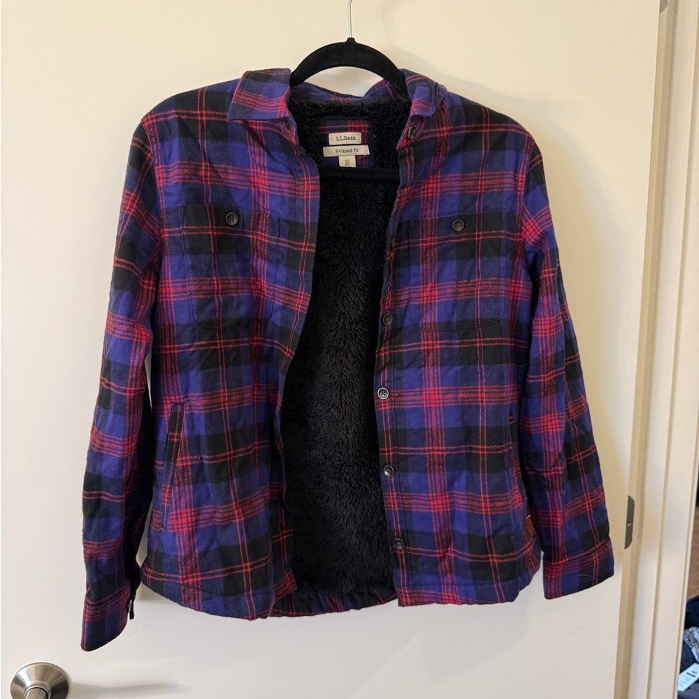 L.L. Bean Women's Sherpa Fleece Lined Flannel Jacket / Shacket Purple Plaid